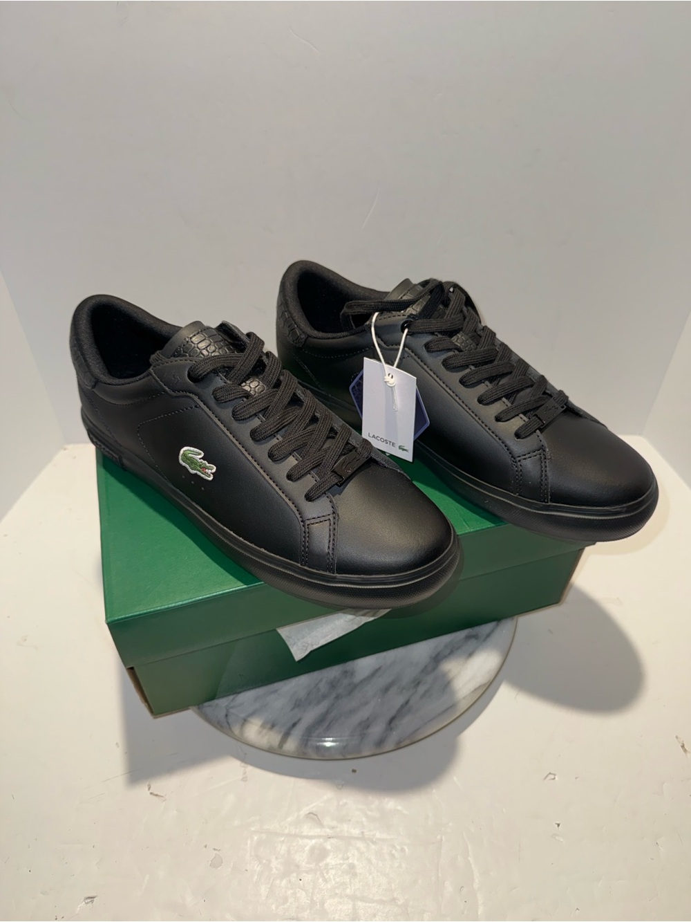 Lacoste Powercourt Leather Sneakers Men 8.5 Black Low Top Logo Casual Shoes - Picture 2 of 9
